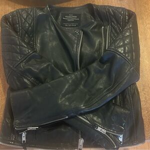 All Saints Black Leather Jacket with Quilted Sleeves